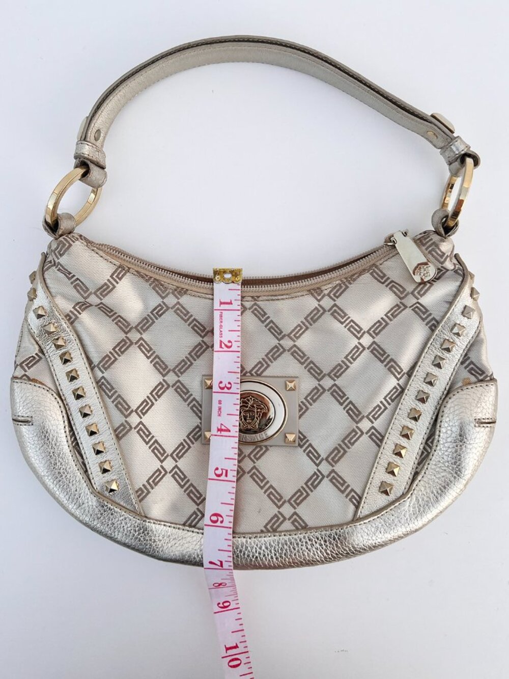 VERSACE Silver Metallic Leather Jacquard Medusa Studded Hobo Shoulder Bag - Picture 10 of 14